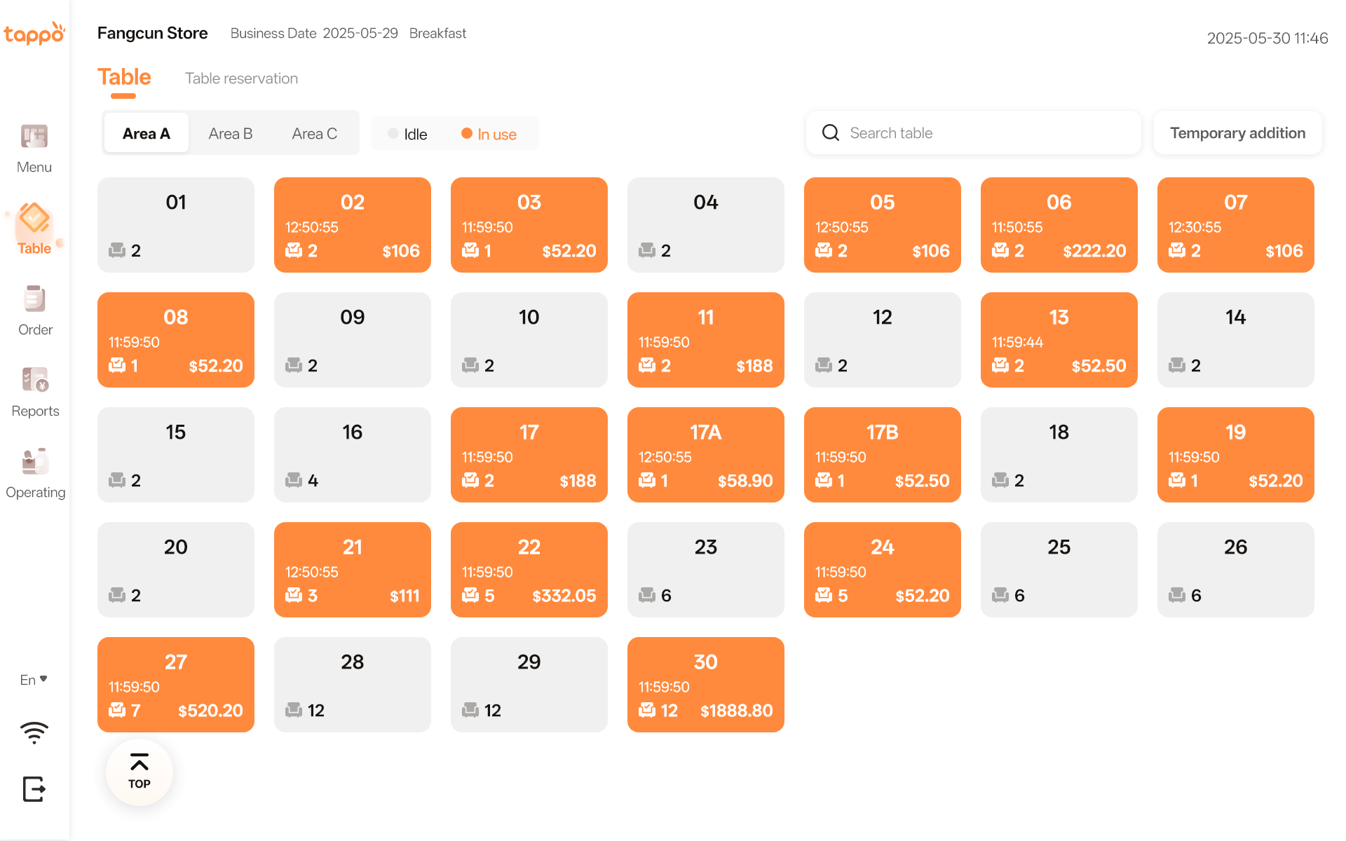 Tappo table management feature screenshot