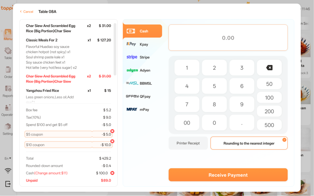 Tappo payment screen for restaurant order checkout