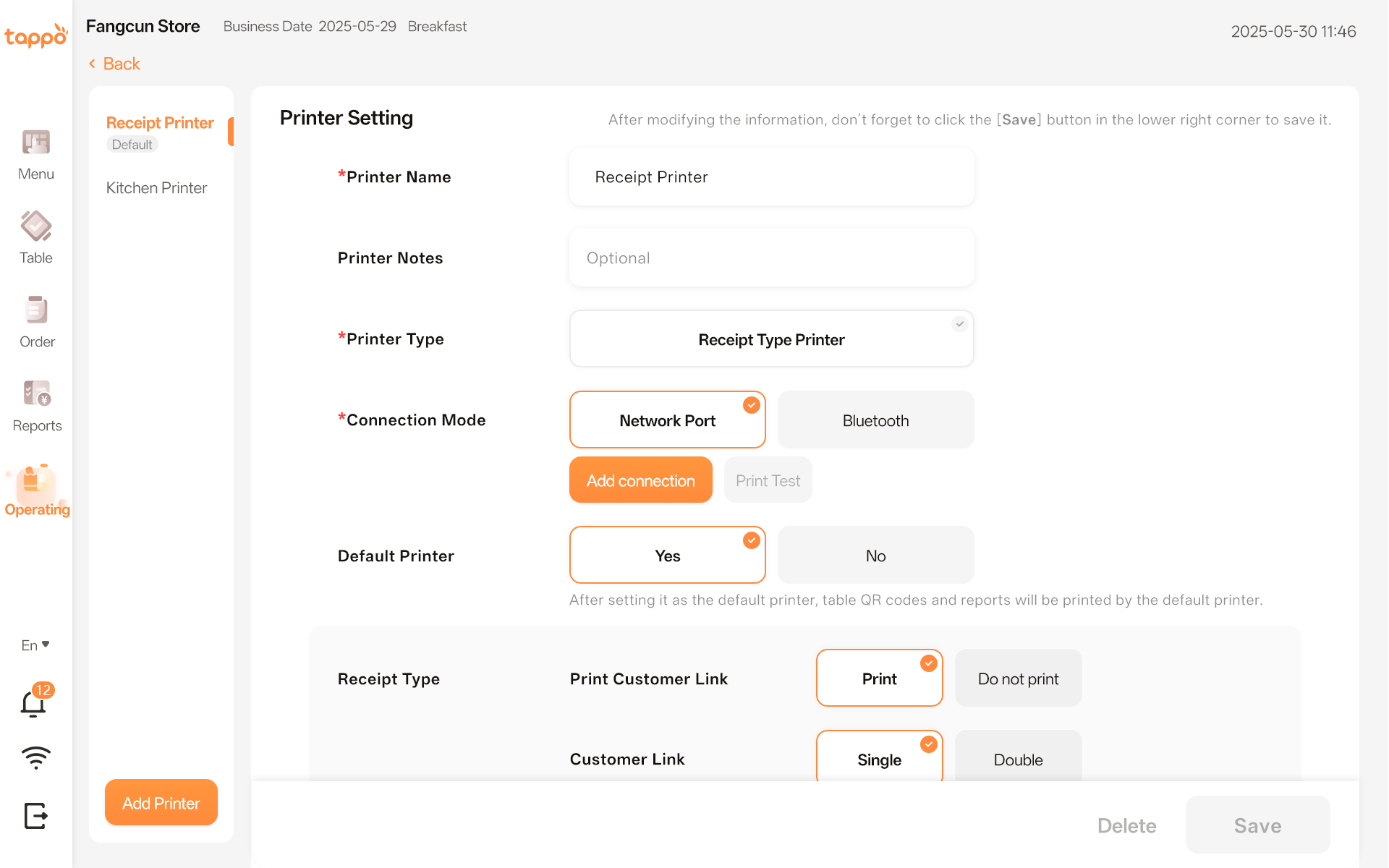 Tappo kitchen printer settings screenshot