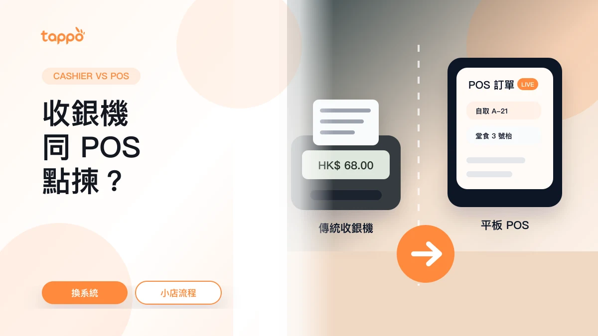 Tappo 餐廳收銀機與 POS 分別封面，展示傳統收銀機和平板 POS 比較