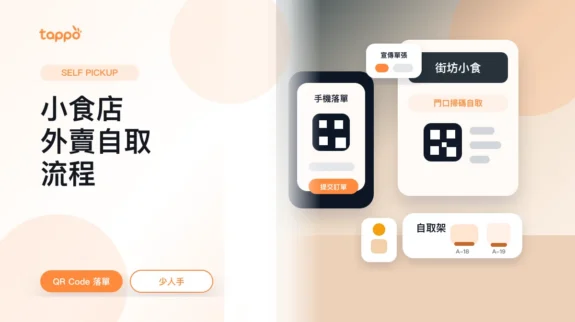 社區小食店外賣自取 QR Code 封面圖 Tappo 社區小食店外賣自取封面,展示門口 QR Code、宣傳單張、手機落單和自取架