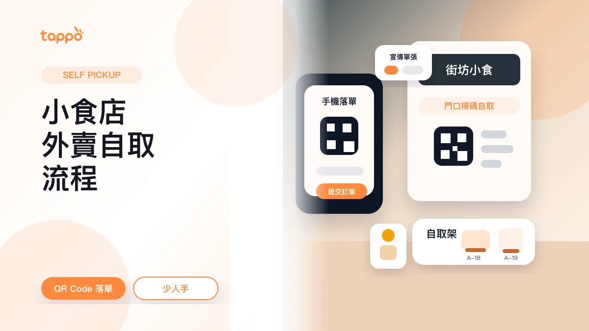 Tappo 社區小食店外賣自取封面，展示門口 QR Code、宣傳單張、手機落單和自取架