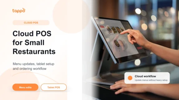 Cloud POS System for Small Restaurants in Hong Kong: What to Check Before You Choose Tappo English article cover showing a tablet POS counter scene for cloud POS and small restaurant menu updates