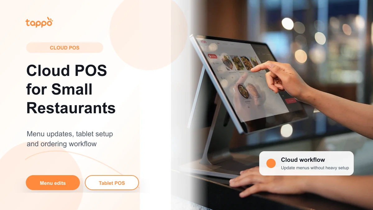 Tappo English article cover showing a tablet POS counter scene for cloud POS and small restaurant menu updates
