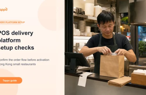Tappo English article cover showing a Hong Kong takeaway restaurant owner packing an order beside a tablet POS