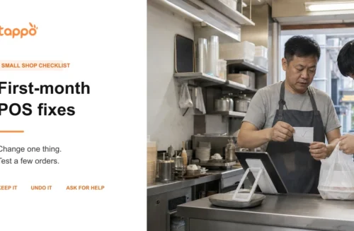 Tappo English blog cover showing a Hong Kong takeaway shop owner and helper testing one order after a small POS workflow change