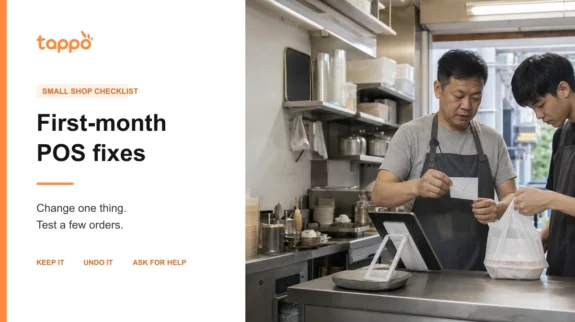 New POS Not Running Smoothly? Fix One Thing at a Time Tappo English blog cover showing a Hong Kong takeaway shop owner and helper testing one order after a small POS workflow change