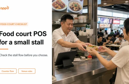 Tappo English article cover showing a compact Hong Kong food-court stall with a local Asian operator, tablet POS and customer pickup counter