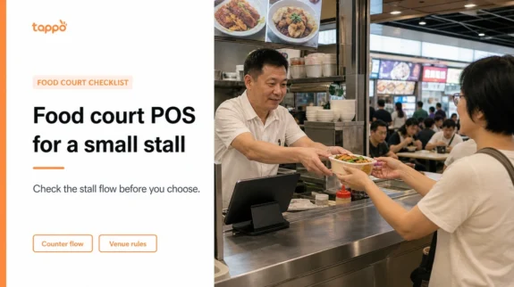 Food Court POS System in Hong Kong: What a Small Stall Should Check Tappo English article cover showing a compact Hong Kong food-court stall with a local Asian operator, tablet POS and customer pickup counter
