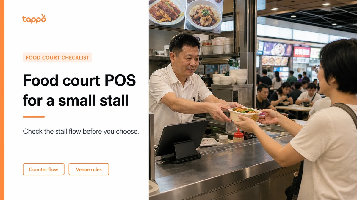 Tappo English article cover showing a compact Hong Kong food-court stall with a local Asian operator, tablet POS and customer pickup counter