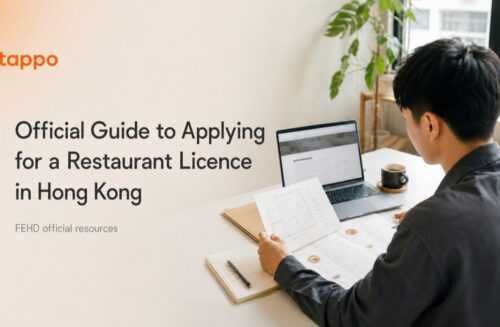 Hong Kong restaurant founder reviewing a menu outline and premises sketch before seeking official licence information