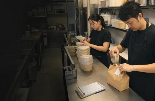Hong Kong cloud kitchen owner checks two order tickets at a compact preparation counter