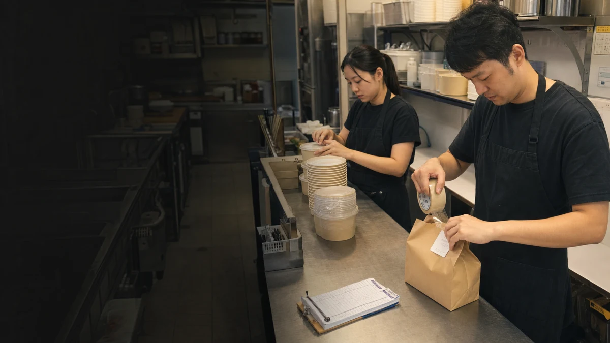 Hong Kong cloud kitchen owner checks two order tickets at a compact preparation counter
