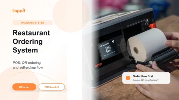 Restaurant Ordering System in Hong Kong: POS, QR Ordering and Self-pickup Tappo English article cover showing a local restaurant counter and tablet POS workflow for restaurant ordering system decisions
