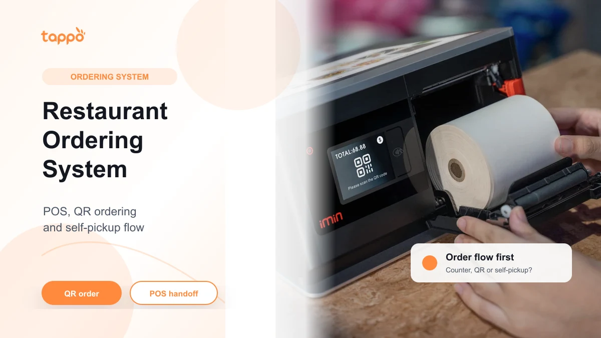 Tappo English article cover showing a local restaurant counter and tablet POS workflow for restaurant ordering system decisions