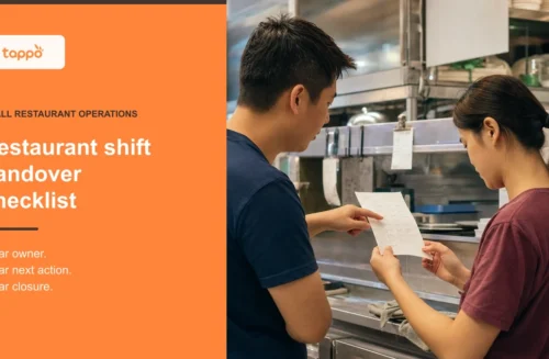 Tappo English article cover showing two local Asian restaurant staff reviewing a paper handover sheet at a shift boundary