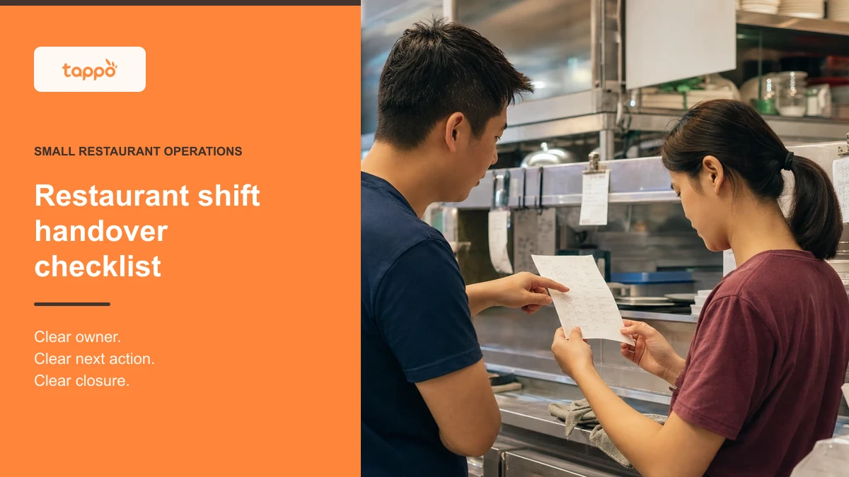 Tappo English article cover showing two local Asian restaurant staff reviewing a paper handover sheet at a shift boundary