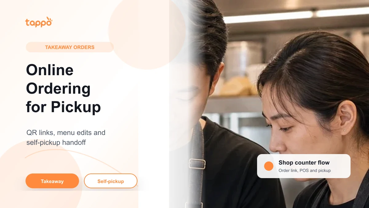 Tappo English article cover showing local Asian restaurant staff using a tablet POS for takeaway and self-pickup ordering