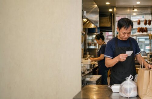 香港小食店店主在備餐櫃檯核對外賣平台訂單紙和自取餐袋
