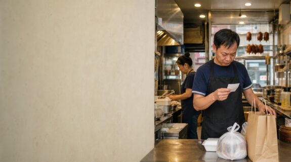 香港小食店店主在備餐櫃檯核對外賣平台訂單紙和自取餐袋