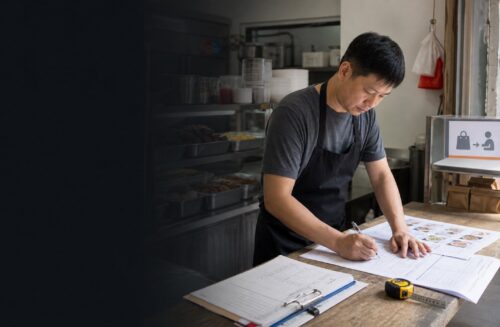 香港小食店店主在開業前核對預算表、餐牌草稿和供應商報價單