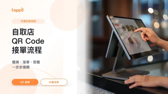自取店 QR Code 接單流程封面圖 Tappo 自取店 QR Code 接單流程封面,展示小店櫃台、平板 POS 餐牌操作和 QR Code 接單場景
