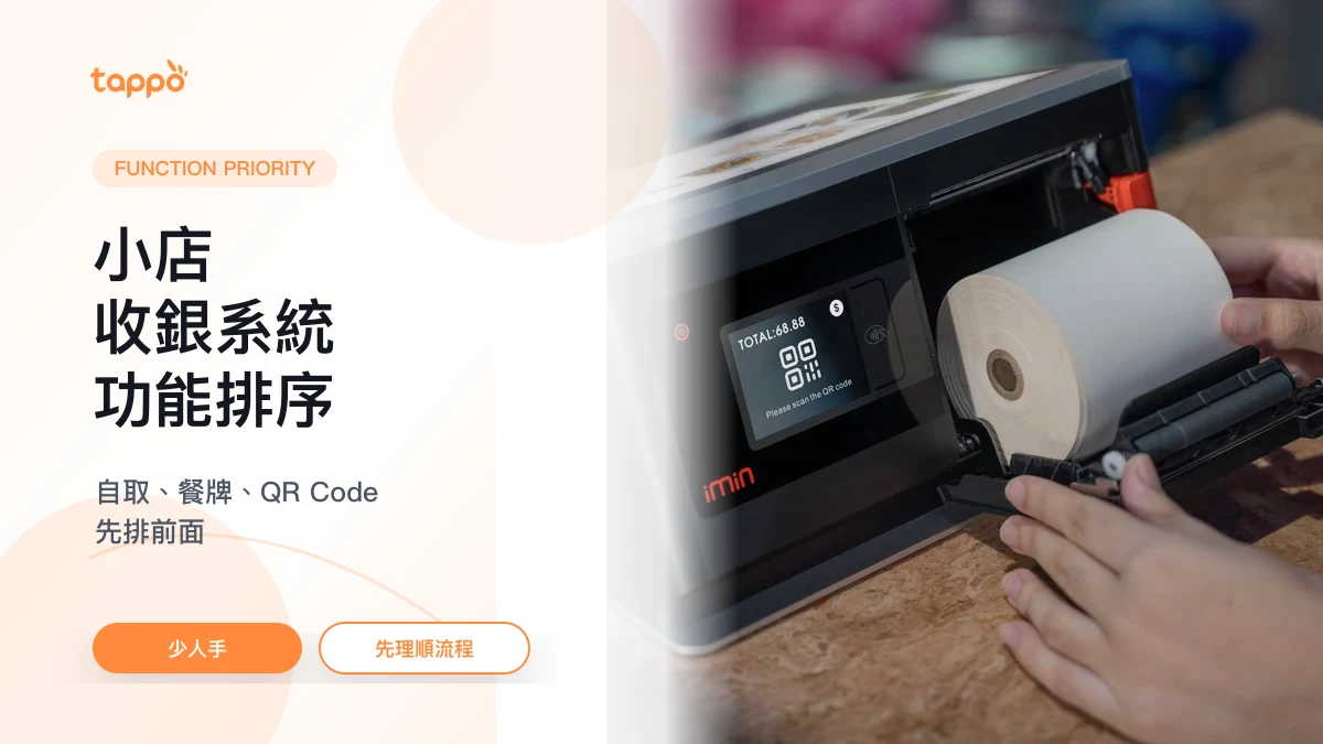 Tappo 小店收銀系統功能優先級封面，展示小店櫃台、平板 POS、QR Code 餐牌和自取餐袋