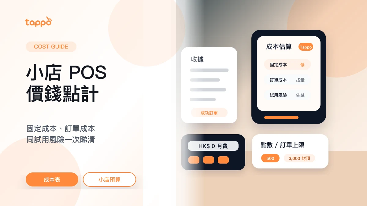 Tappo 小店 POS 系統價錢封面，展示成本估算表、收據、計算機和點數訂單上限
