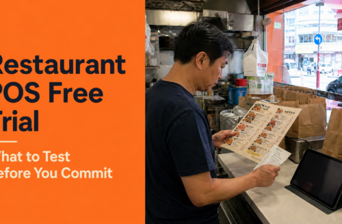Hong Kong takeaway shop owner checking a restaurant POS trial with a real menu