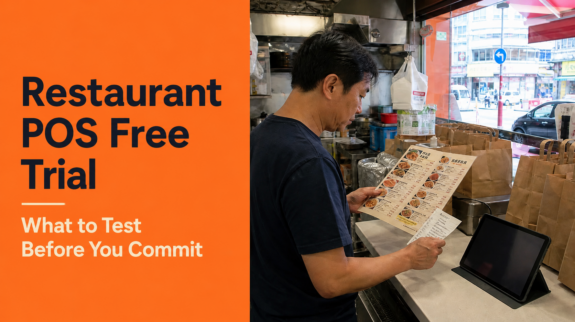Hong Kong takeaway shop owner checking a restaurant POS trial with a real menu