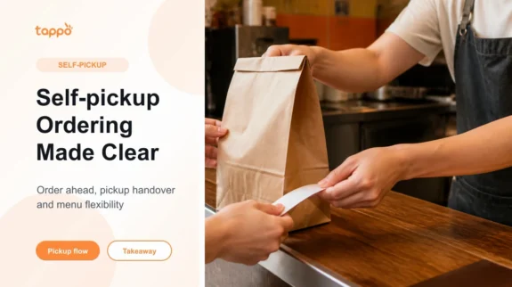 Takeaway bag and order slip handed across a small cafe counter for a self-pickup ordering workflow
