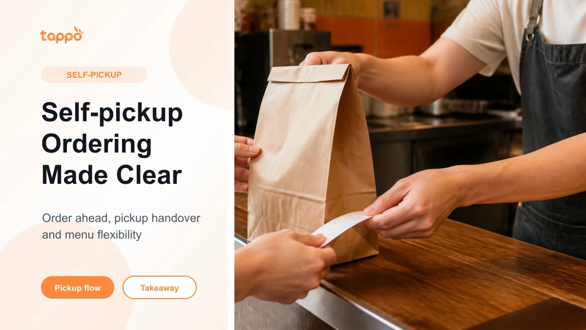 Takeaway bag and order slip handed across a small cafe counter for a self-pickup ordering workflow