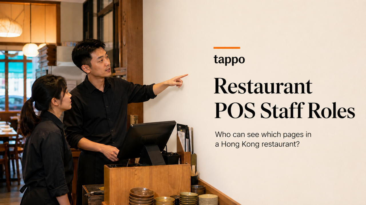 Hong Kong restaurant manager and staff member reviewing a page visibility list beside a POS counter
